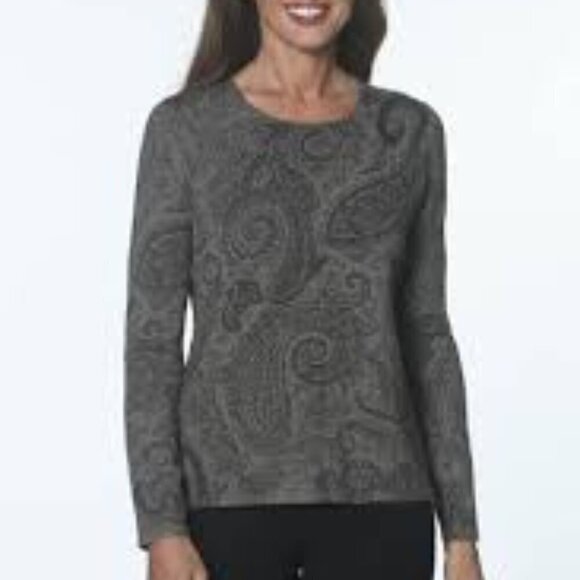 Ralph Lauren Sweater Silk Cashmere Gray Paisley Long Sleeve Round Scoop Neck VTG - Picture 1 of 10